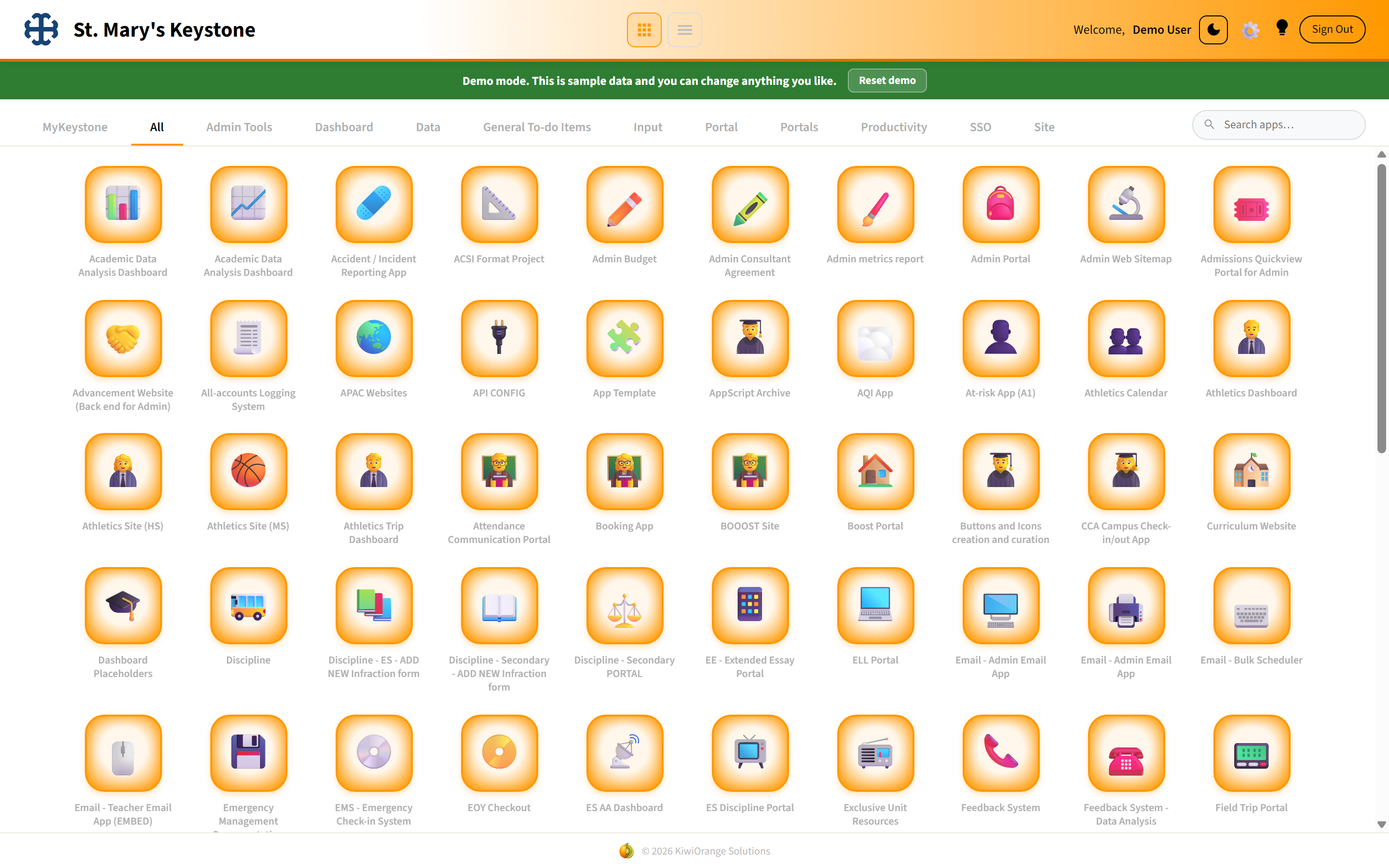 The Keystone icon page showing a school's apps grouped into tabs